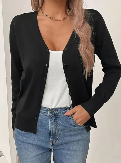 Ginny V-Neck Button Front Cardigan - Black