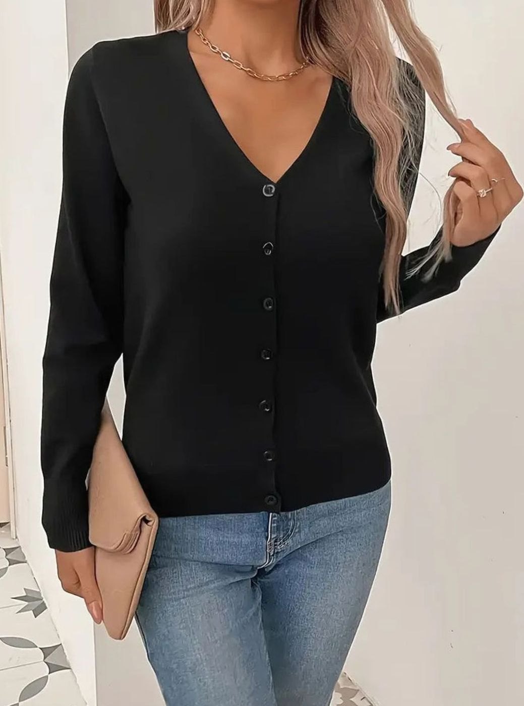 Ginny V-Neck Button Front Cardigan - Black