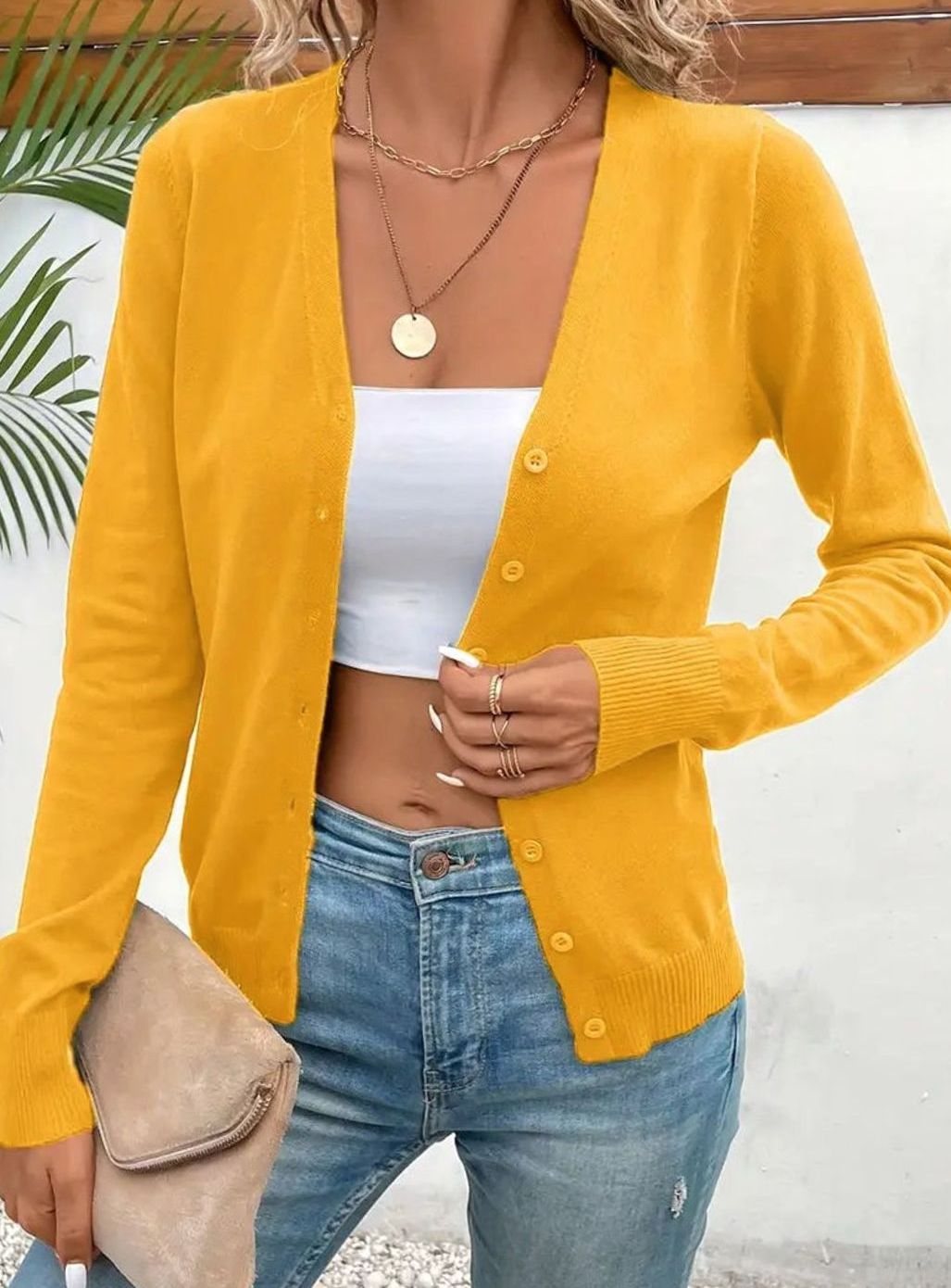 Ginny V-Neck Button Front Cardigan - Mustard Yellow