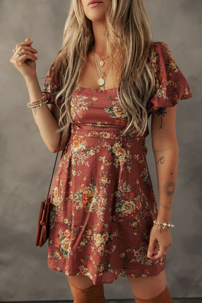 Gita Floral Puff Sleeve Mini Dress - Rust Floral
