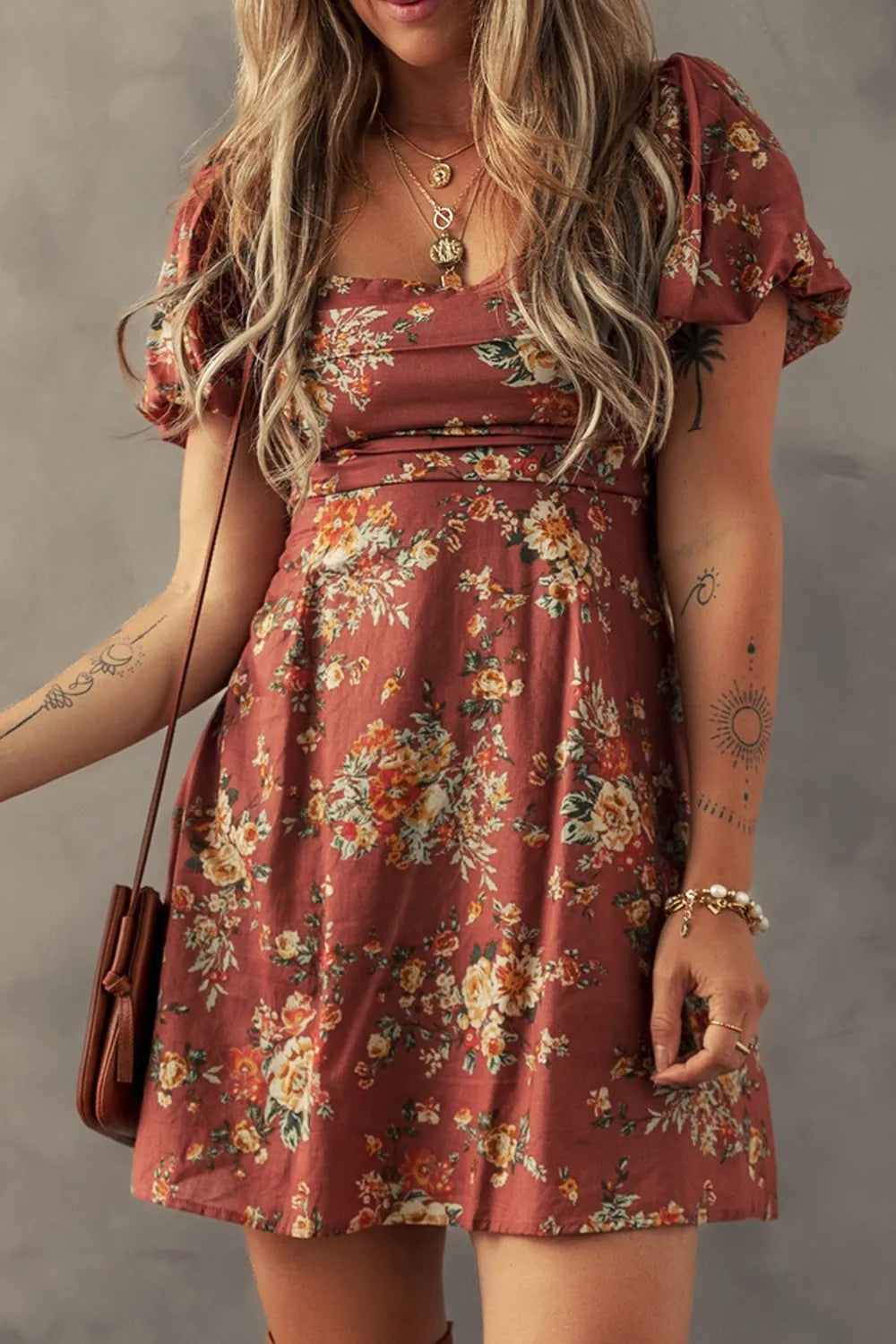 Gita Floral Puff Sleeve Mini Dress - Rust Floral