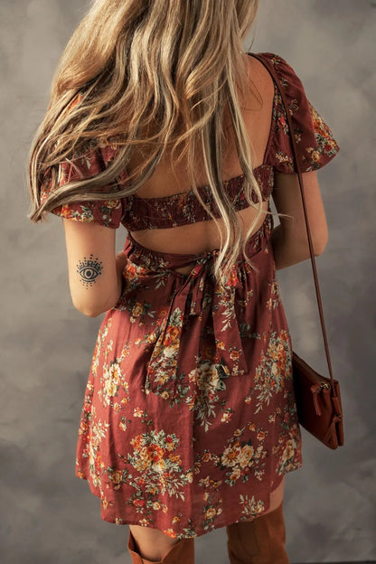 Gita Floral Puff Sleeve Mini Dress - Rust Floral