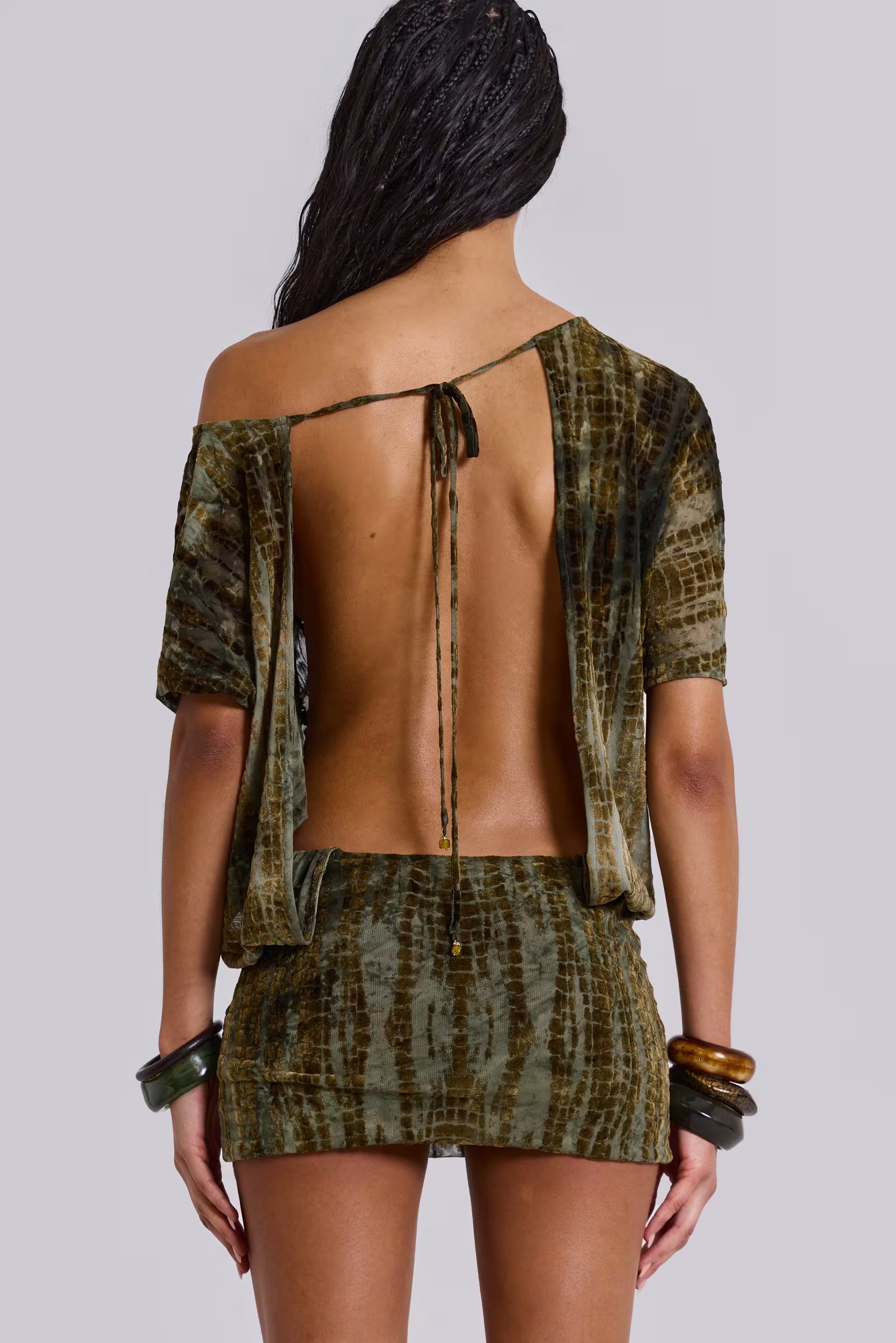 Back view of olive backless mini dress with adjustable tie closure for women