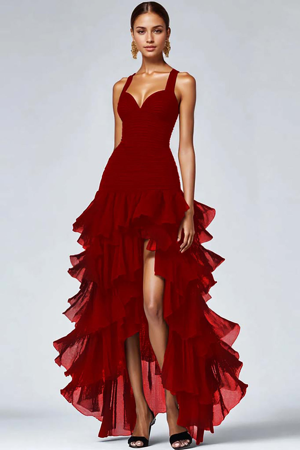 Giulietta Tiered Ruffle High Low Maxi Dress - Burgundy
