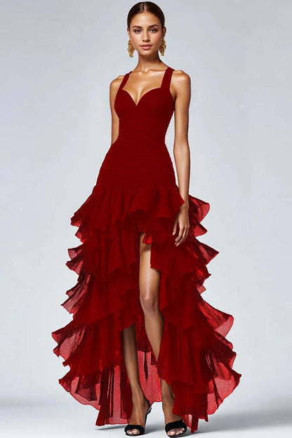 Giulietta Tiered Ruffle High Low Maxi Dress - Burgundy