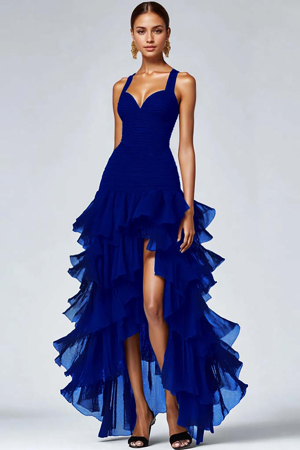 Giulietta Tiered Ruffle High Low Maxi Dress - Navy