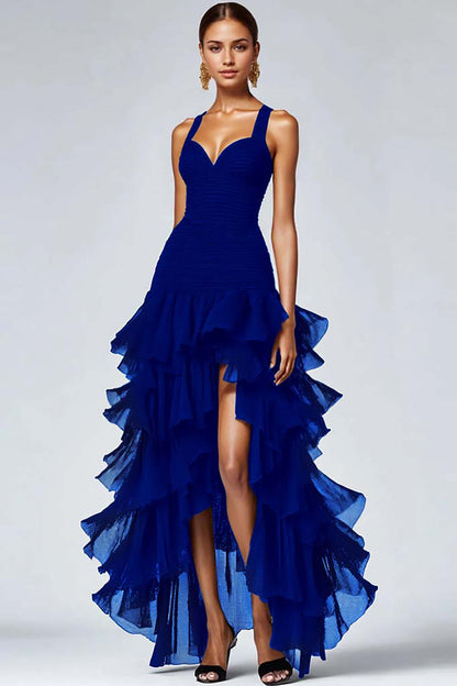 Giulietta Tiered Ruffle High Low Maxi Dress - Navy