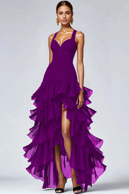 Giulietta Tiered Ruffle High Low Maxi Dress - Purple