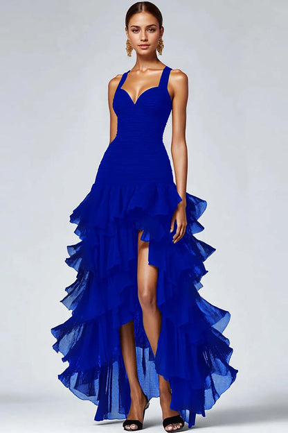 Giulietta Tiered Ruffle High Low Maxi Dress - Royal Blue