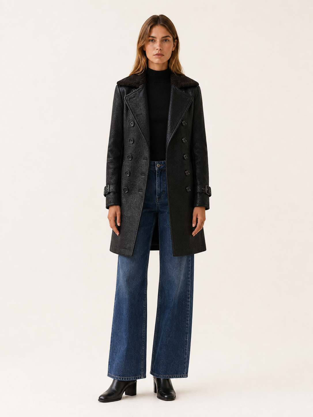 Glenda Double Breasted Textured Tailored Long Coat