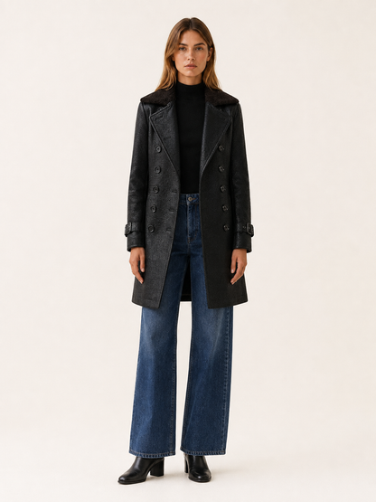 Glenda Double Breasted Textured Tailored Long Coat