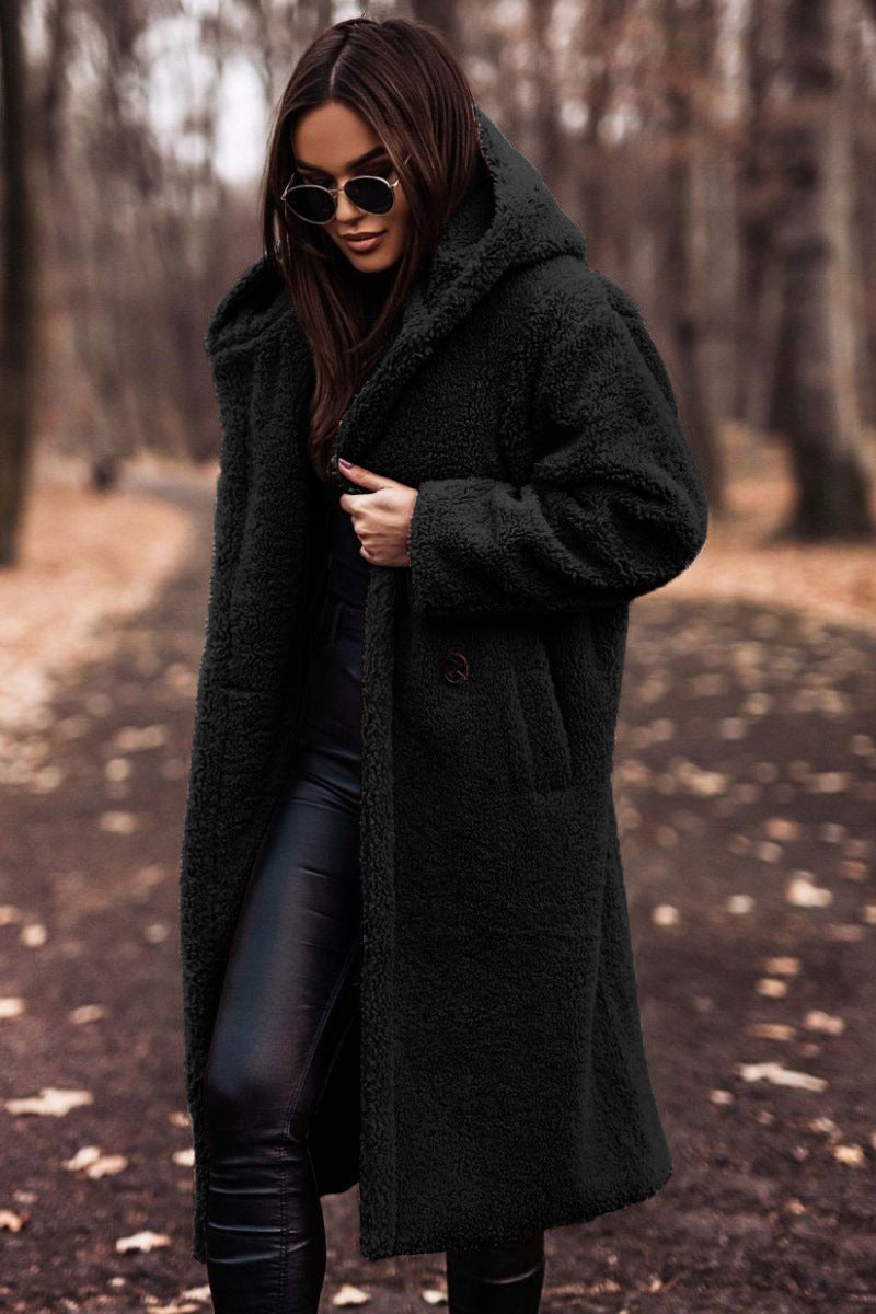 Glenys Hooded Teddy Longline Coat - Black