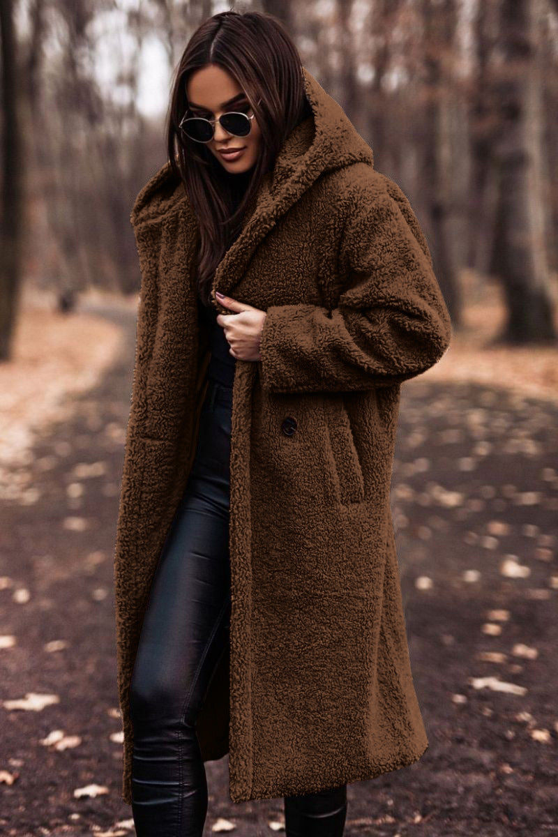 Glenys Hooded Teddy Longline Coat - Brown