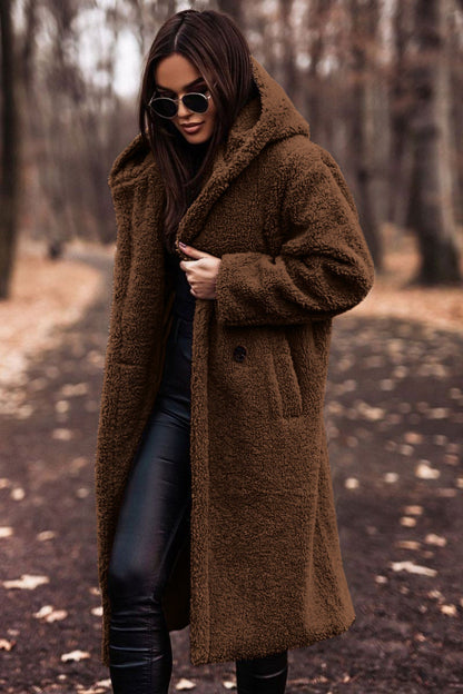 Glenys Hooded Teddy Longline Coat - Brown