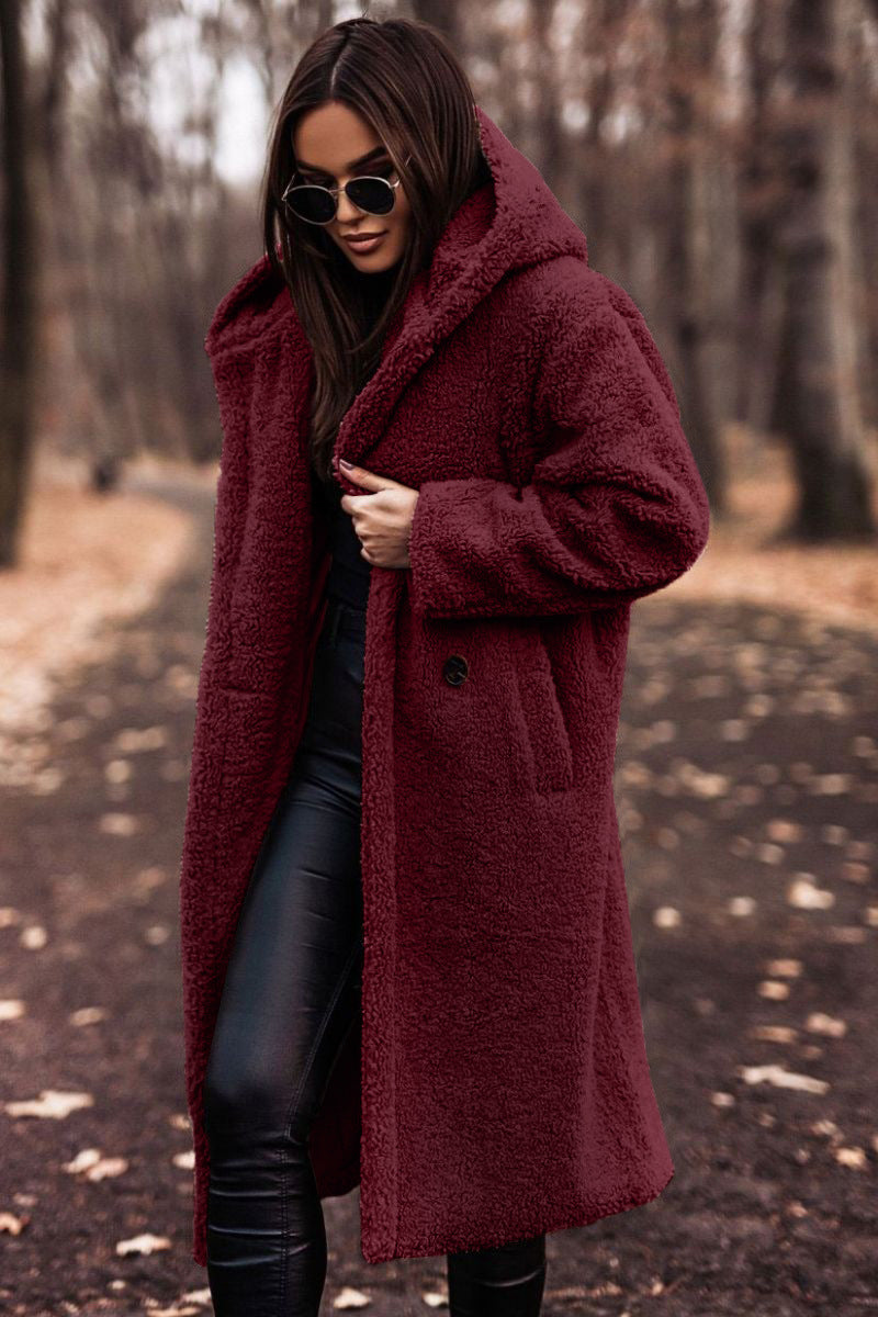 Glenys Hooded Teddy Longline Coat - Burgundy