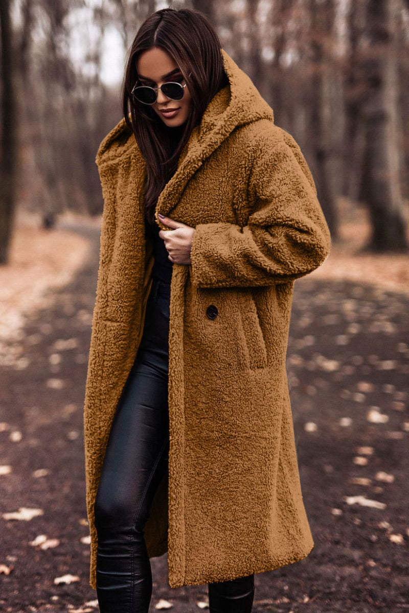 Glenys Hooded Teddy Longline Coat - Golden Camel