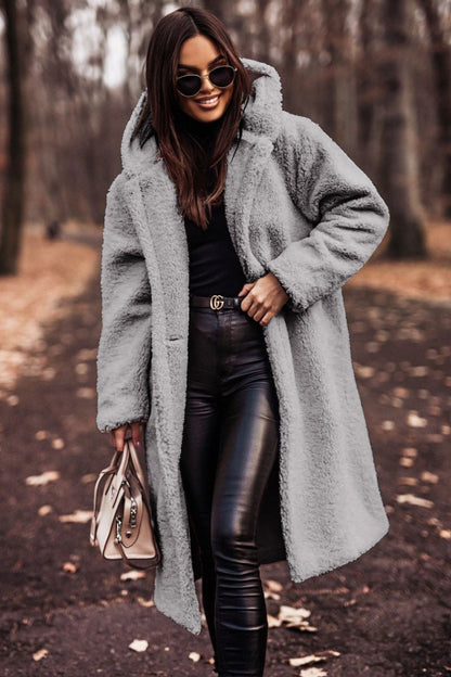 Glenys Hooded Teddy Longline Coat - Light Gray