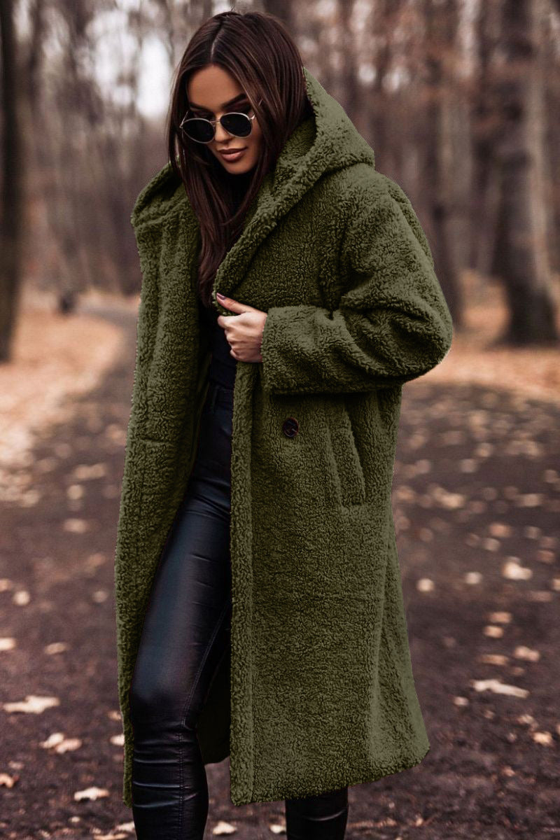 Glenys Hooded Teddy Longline Coat - Olive Green