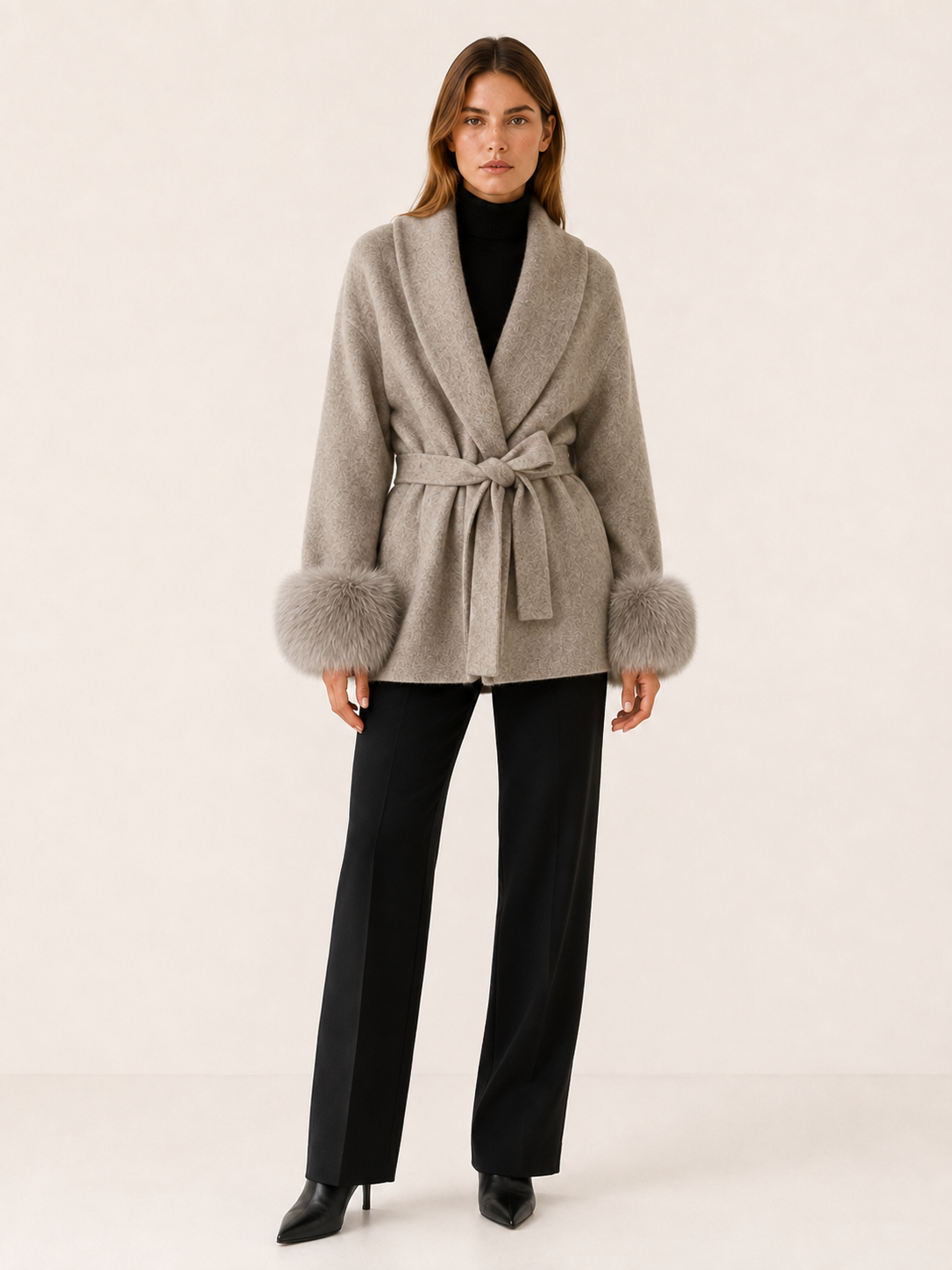 Goldie Faux Fur Shawl Collar Wrap Coat - Beige