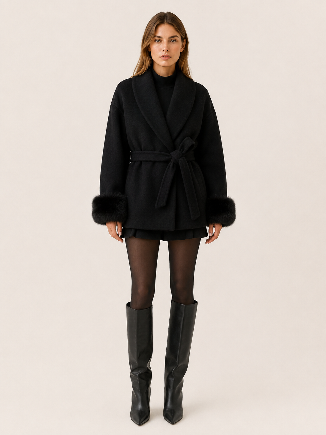 Goldie Faux Fur Shawl Collar Wrap Coat - Black