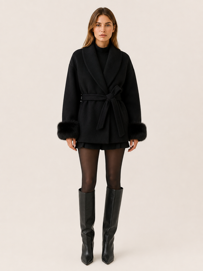 Goldie Faux Fur Shawl Collar Wrap Coat - Black