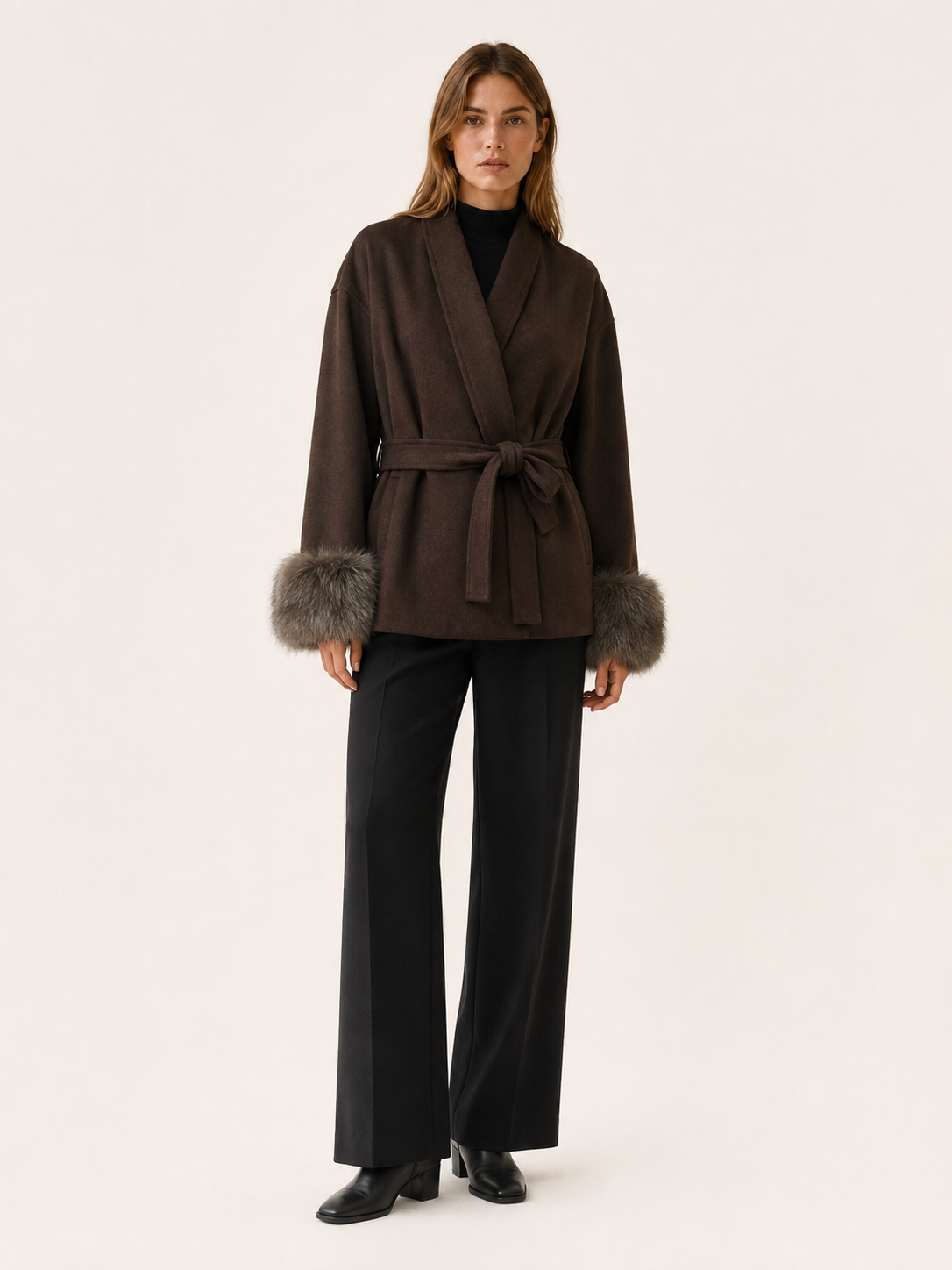 Goldie Faux Fur Shawl Collar Wrap Coat - Brown