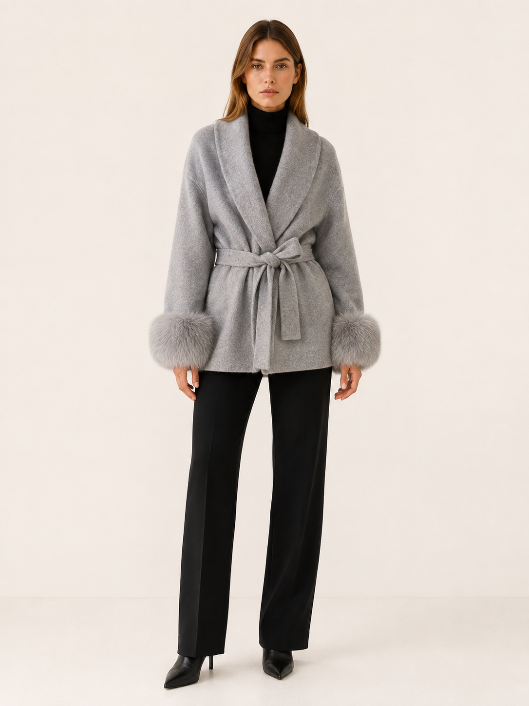 Goldie Faux Fur Shawl Collar Wrap Coat - Gray