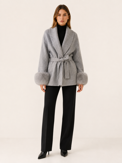 Goldie Faux Fur Shawl Collar Wrap Coat - Gray