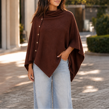 Gracelyn Side-Button Convertible Poncho Wrap - Brown