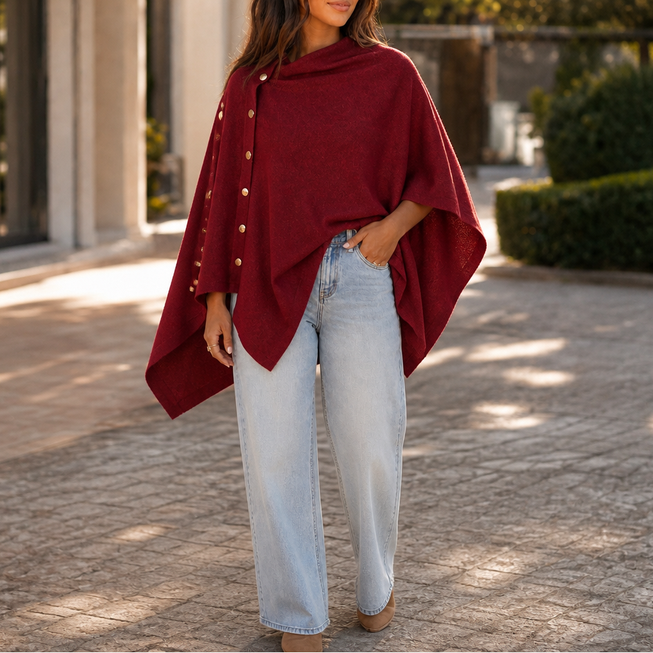 Gracelyn Side-Button Convertible Poncho Wrap - Burgundy