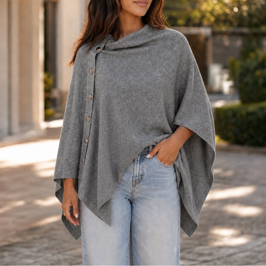 Gracelyn Side-Button Convertible Poncho Wrap - Gray