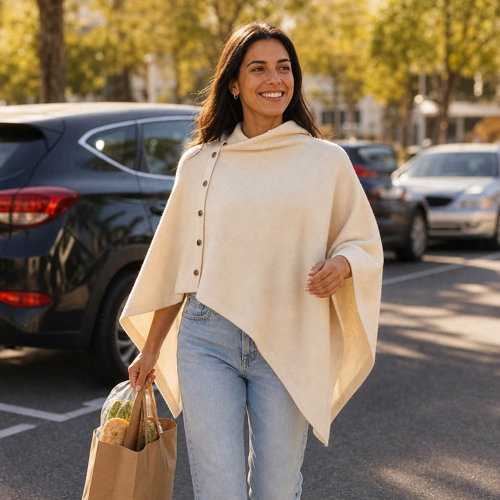Gracelyn Side-Button Convertible Poncho Wrap - Ivory