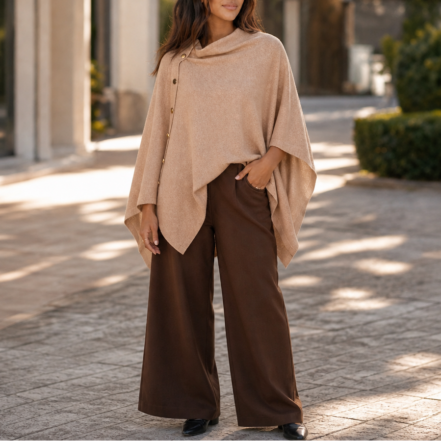 Gracelyn Side-Button Convertible Poncho Wrap - Khaki
