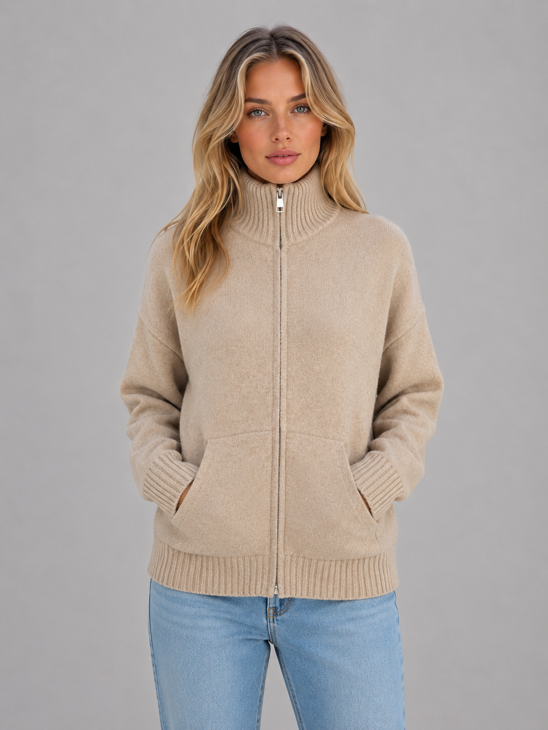Gracen Zip-Up Funnel Neck Knit Cardigan - Beige