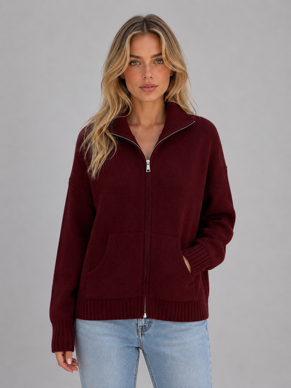 Gracen Zip-Up Funnel Neck Knit Cardigan - Burgundy