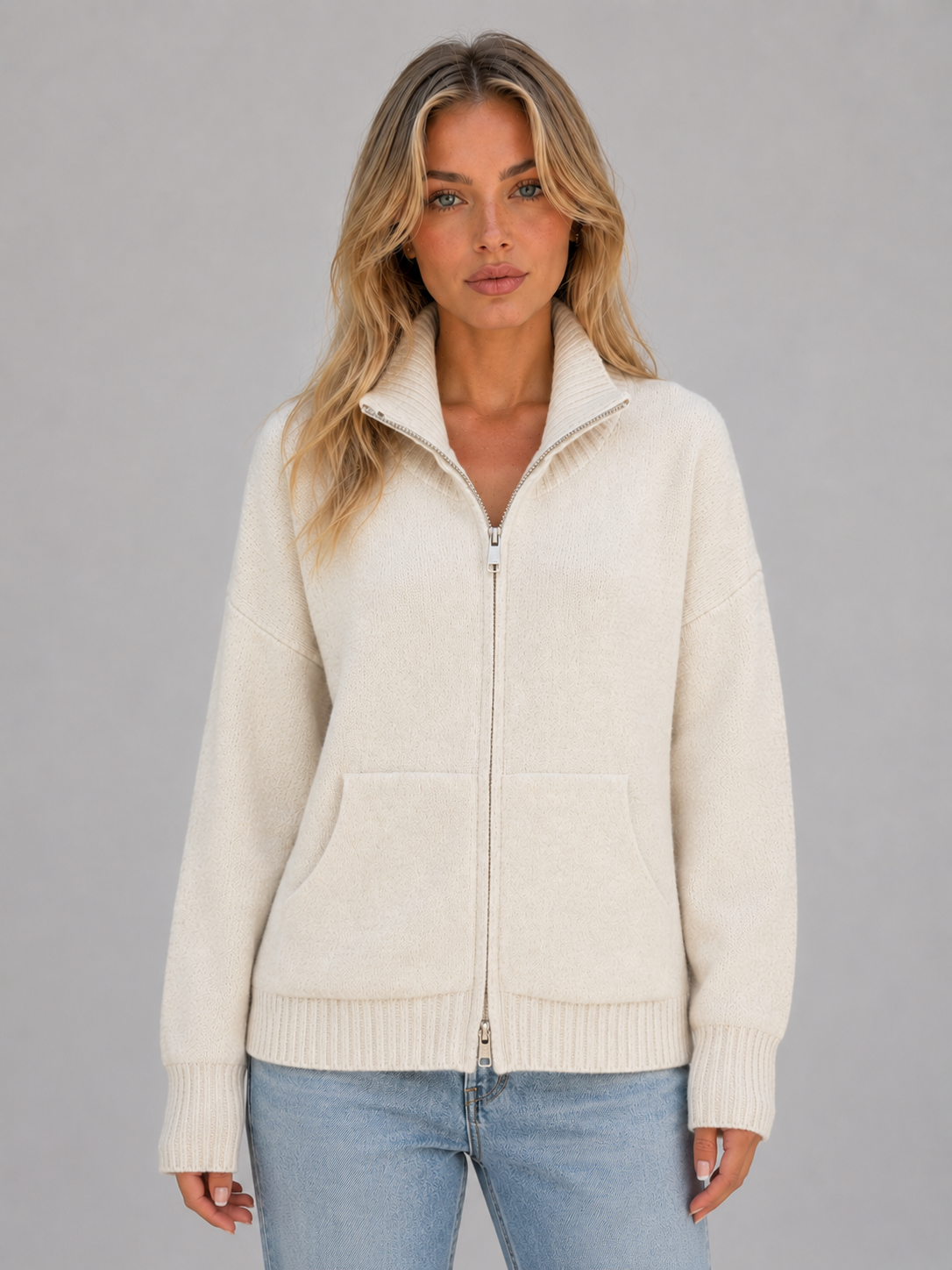 Gracen Zip-Up Funnel Neck Knit Cardigan - Cream