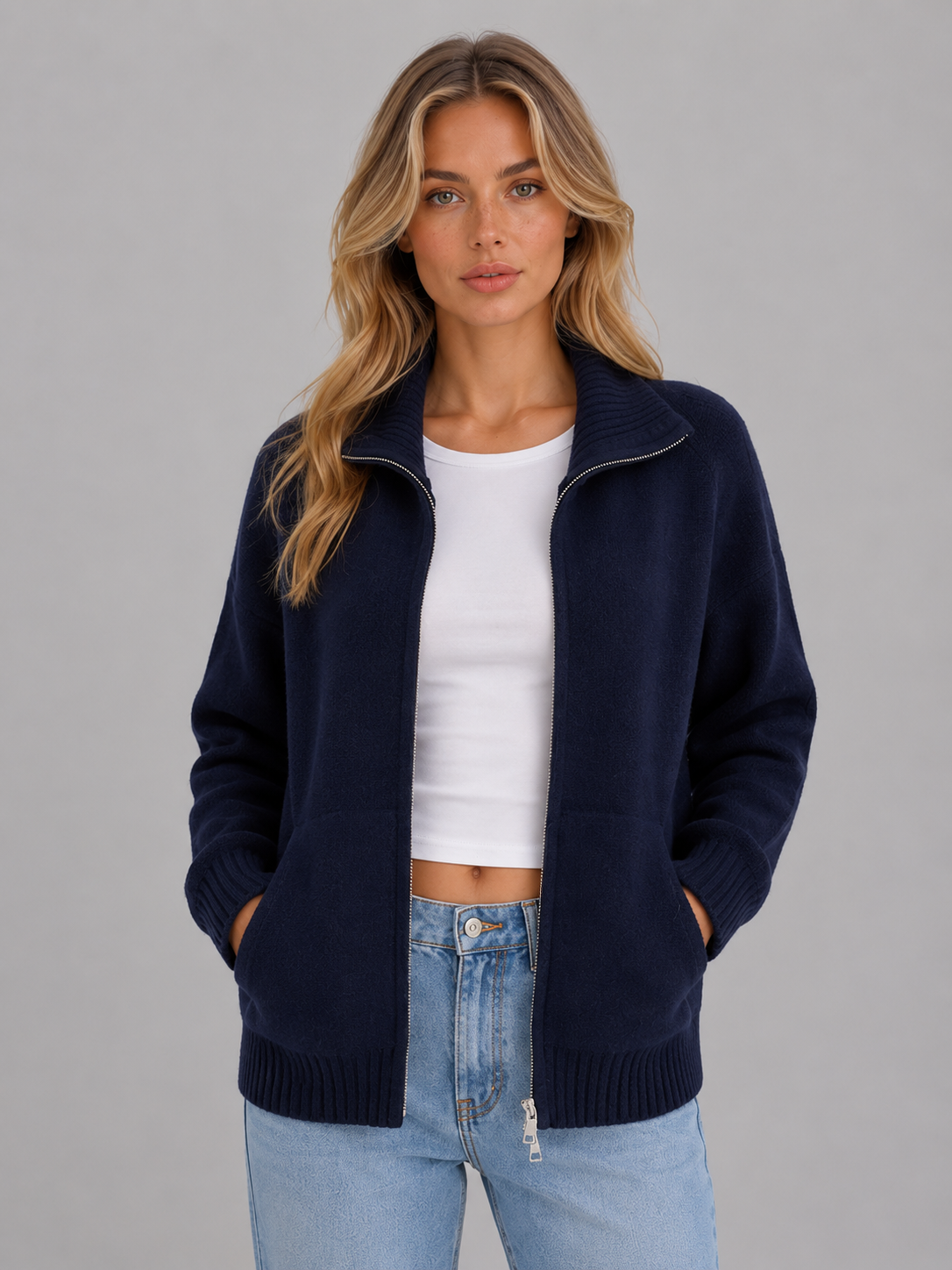 Gracen Zip-Up Funnel Neck Knit Cardigan - Navy