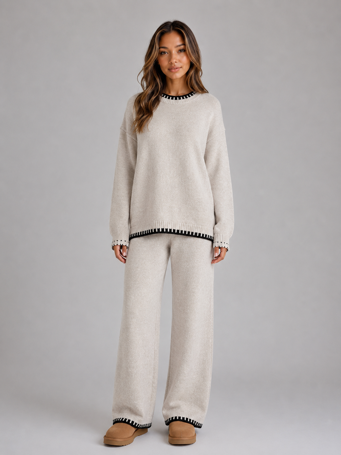 Gretchen Contrast Trim Sweater Trouser Set - Beige