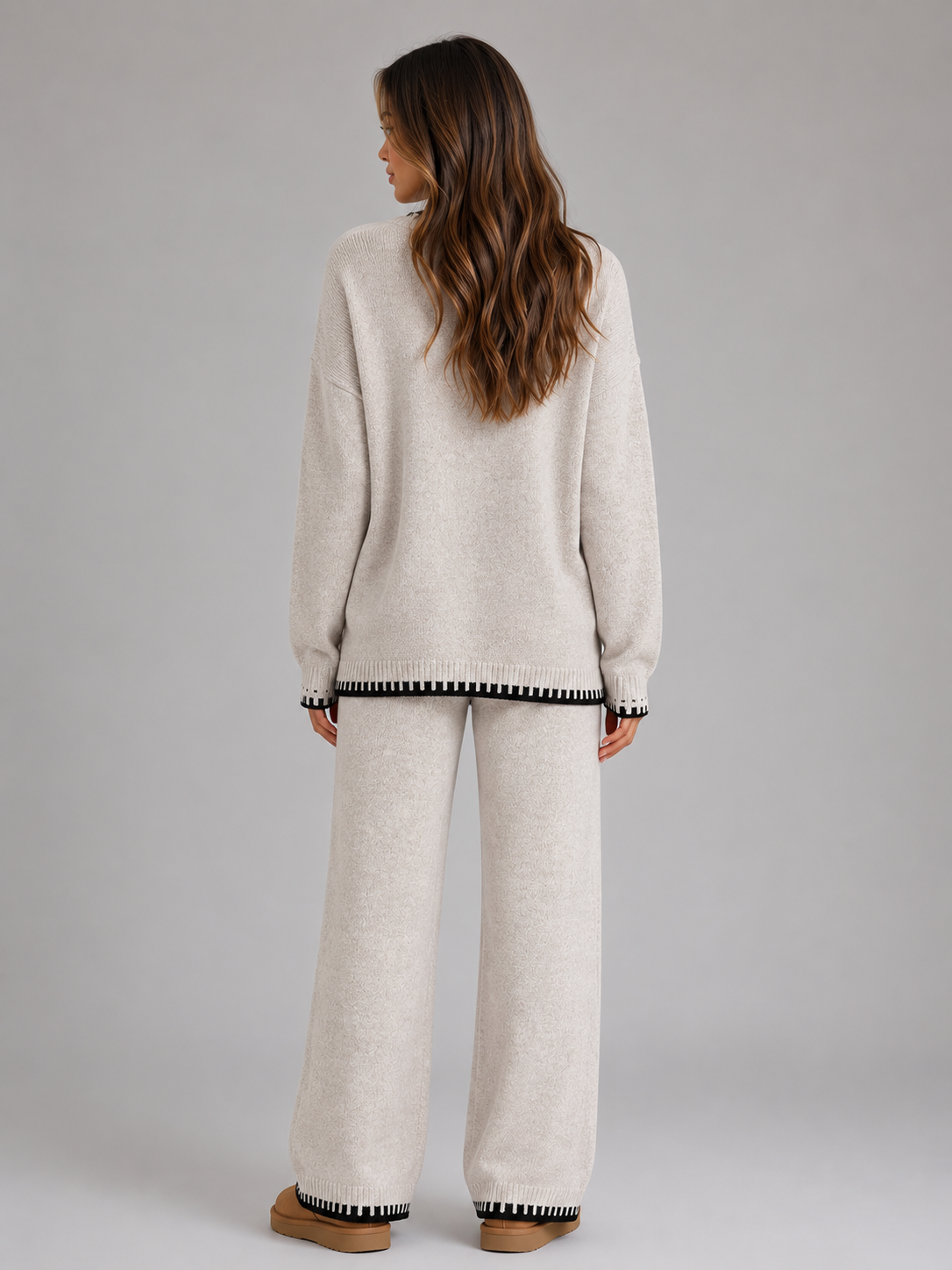 Gretchen Contrast Trim Sweater Trouser Set - Beige