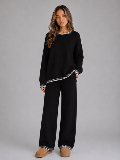 Gretchen Contrast Trim Sweater Trouser Set - Black