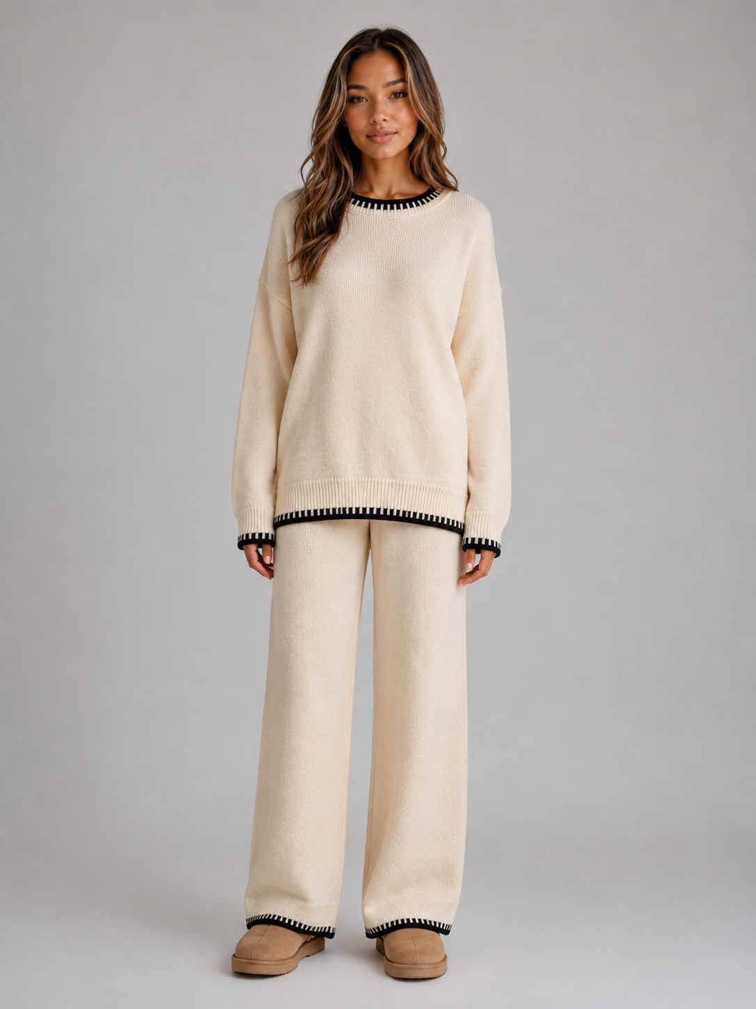 Gretchen Contrast Trim Sweater Trouser Set - Cream