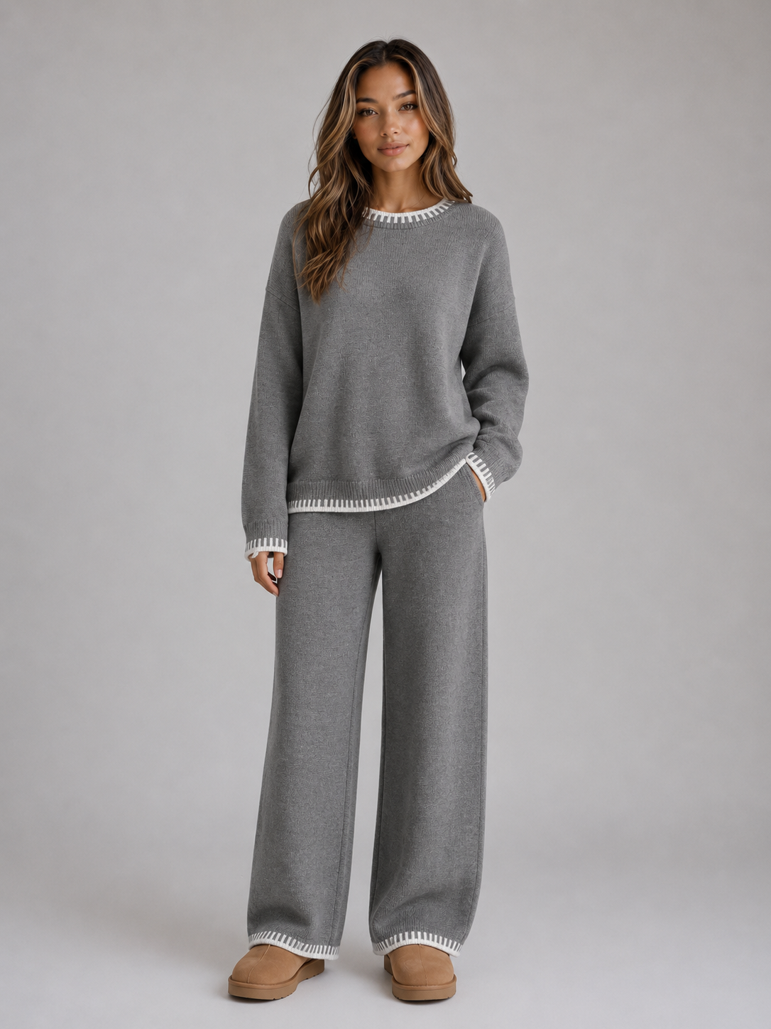 Gretchen Contrast Trim Sweater Trouser Set - Gray