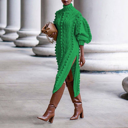 Gwendolen Cable Knit High Neck Midi Dress - Kelly Green