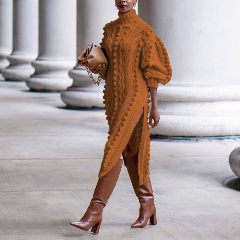Gwendolen Cable Knit High Neck Midi Dress - Rust Brown