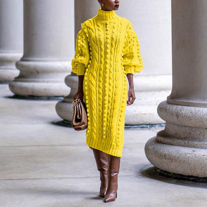 Gwendolen Cable Knit High Neck Midi Dress - Yellow