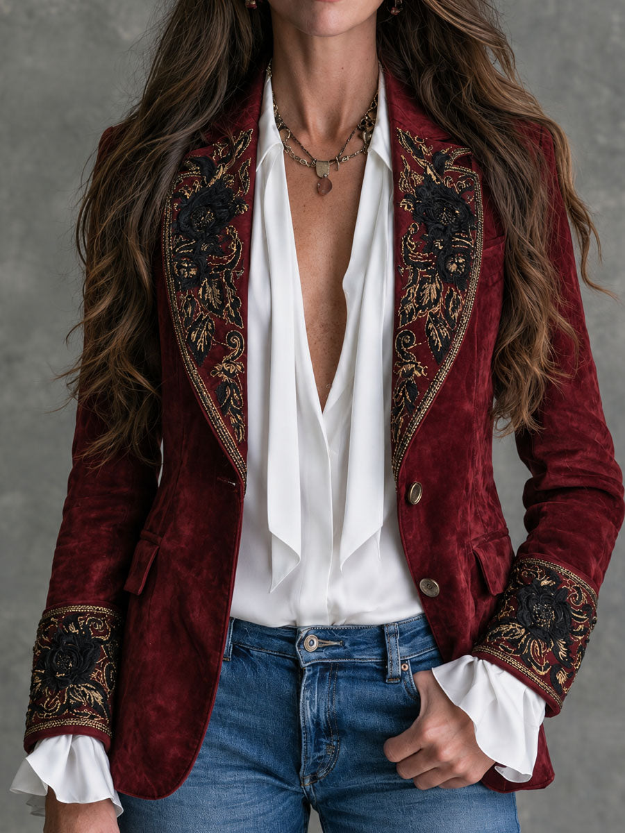 Gwenna Floral Embroidered Blazer - Burgundy