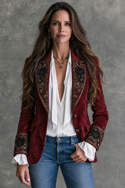 Gwenna Floral Embroidered Blazer - Burgundy