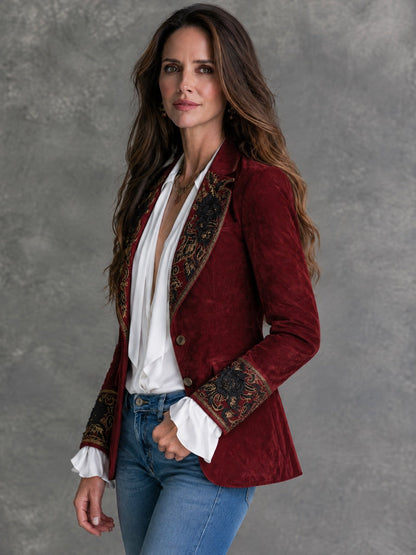 Gwenna Floral Embroidered Blazer - Burgundy