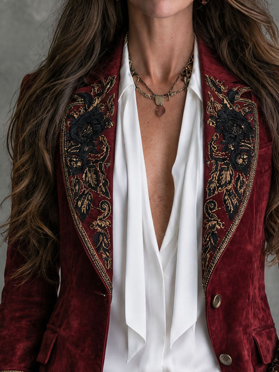 Gwenna Floral Embroidered Blazer - Burgundy