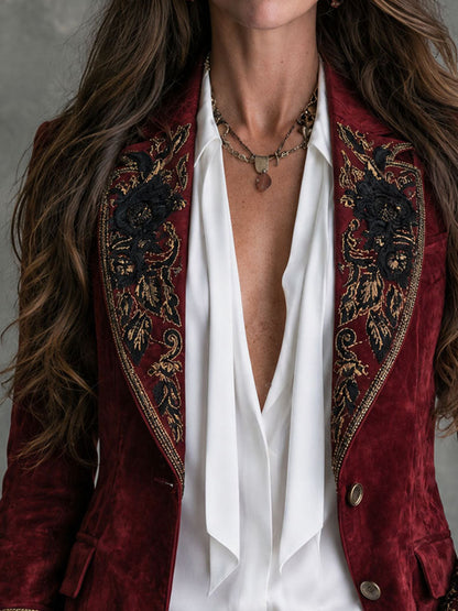 Gwenna Floral Embroidered Blazer - Burgundy